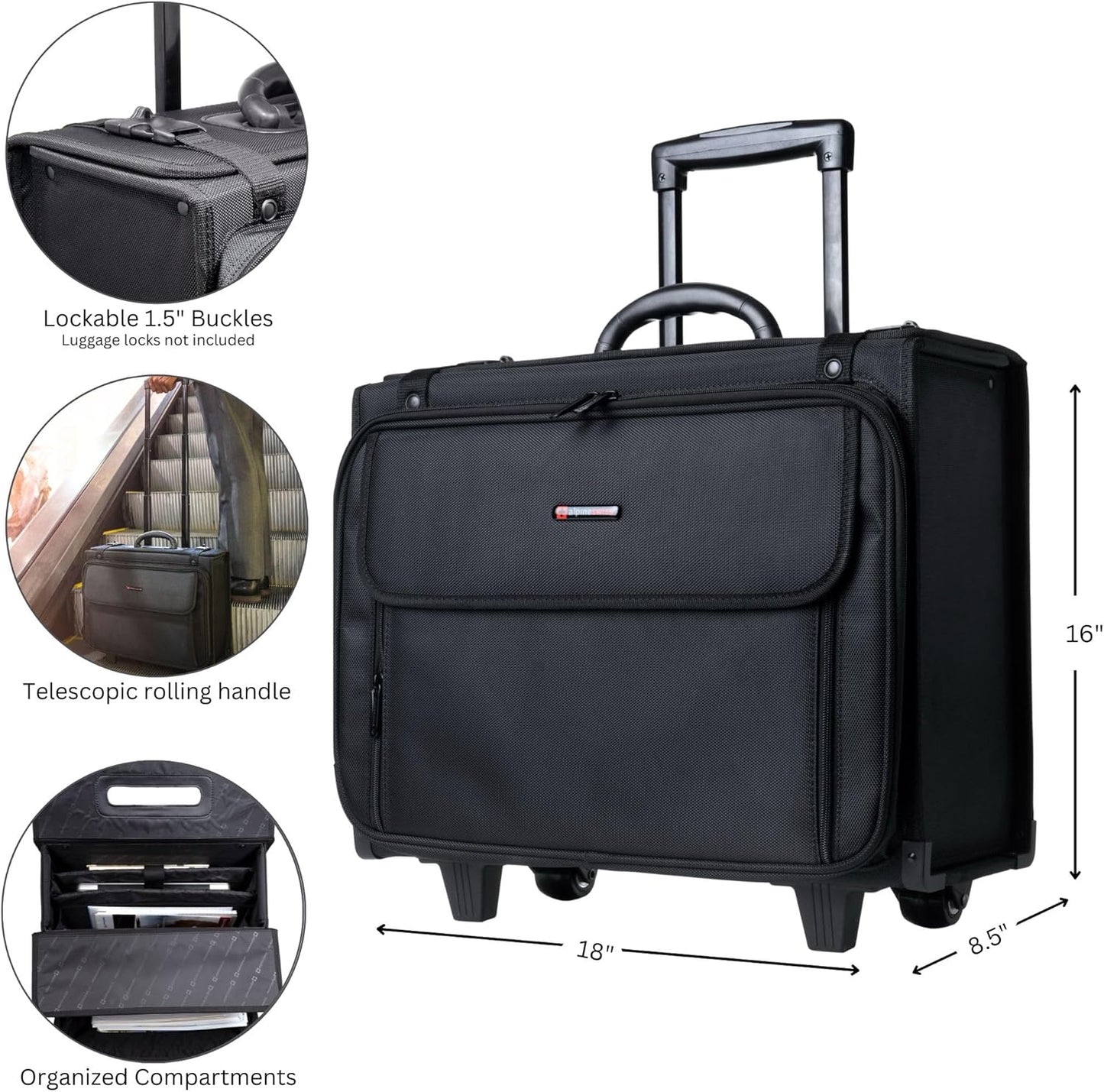 Alpine Swiss Rolling Briefcase | Laptop Bag For Men & Women | Hard Side Catalog Case on Wheels | Legal Size File Dividers | Lawyers Attache Case | Carry-On Overnight Business Travel Bag