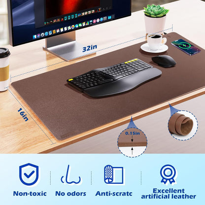 Wireless Charging Desk Mat with Desk Pad for Desktop Charging Large Mouse Pad Waterproof Leather Computer Mat Mouse Pad Non-Slip Protector on Top of Desks for Keyboard and Mouse (brown-r, 32*16inch)