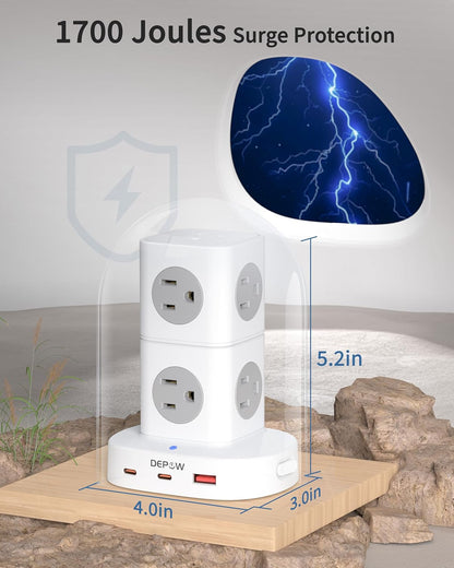 2 Prong Power Strip, 2 to 3 Prong Outlet Adapter with 9 Outlets 3 USB Ports (2 USB C), 1700J Two Prong Surge Protector, 5FT Power Strip Tower, Wall Mount for Old House Non-Grounded Outlets