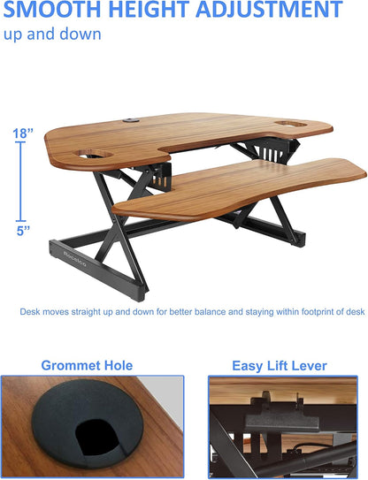 Rocelco 46" Height Adjustable Corner Standing Desk Converter with Anti Fatigue Mat Bundle - Quick Sit Stand Up Dual Monitor Riser - Computer Workstation - Teak Wood Grain (R CADRT-46-MAFM)