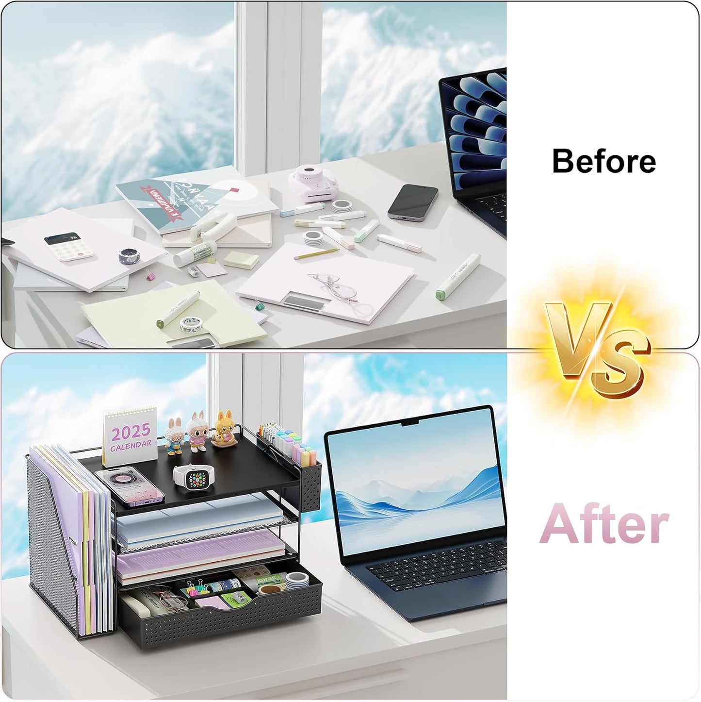 Wood Desk Organizers and Accessories with File Holder, 4-Tier Desk Accessories & Workspace Organizers with Drawer and Pen Holder, Paper Organizer for Office Supplies (Black)