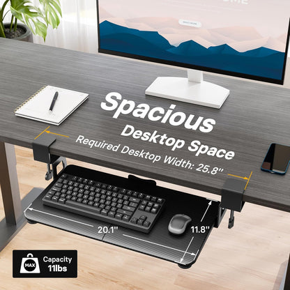 BONTEC KMT01-PJ Under Desk Keyboard Tray, Pull-Out Keyboard & Mouse Platform with C-Clamp, 20 x 11.8 in Space-Saving Ergonomic Slide-Out Drawer, Black Carbon Fiber