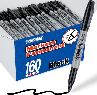 Black Permanent Markers,Fine Tip,160 Pack Bulk,Waterproof Permanent Marker Pens with Quick Drying on Wood,Plastic,Paper,Metal,Mirror for Office School Classroom Home