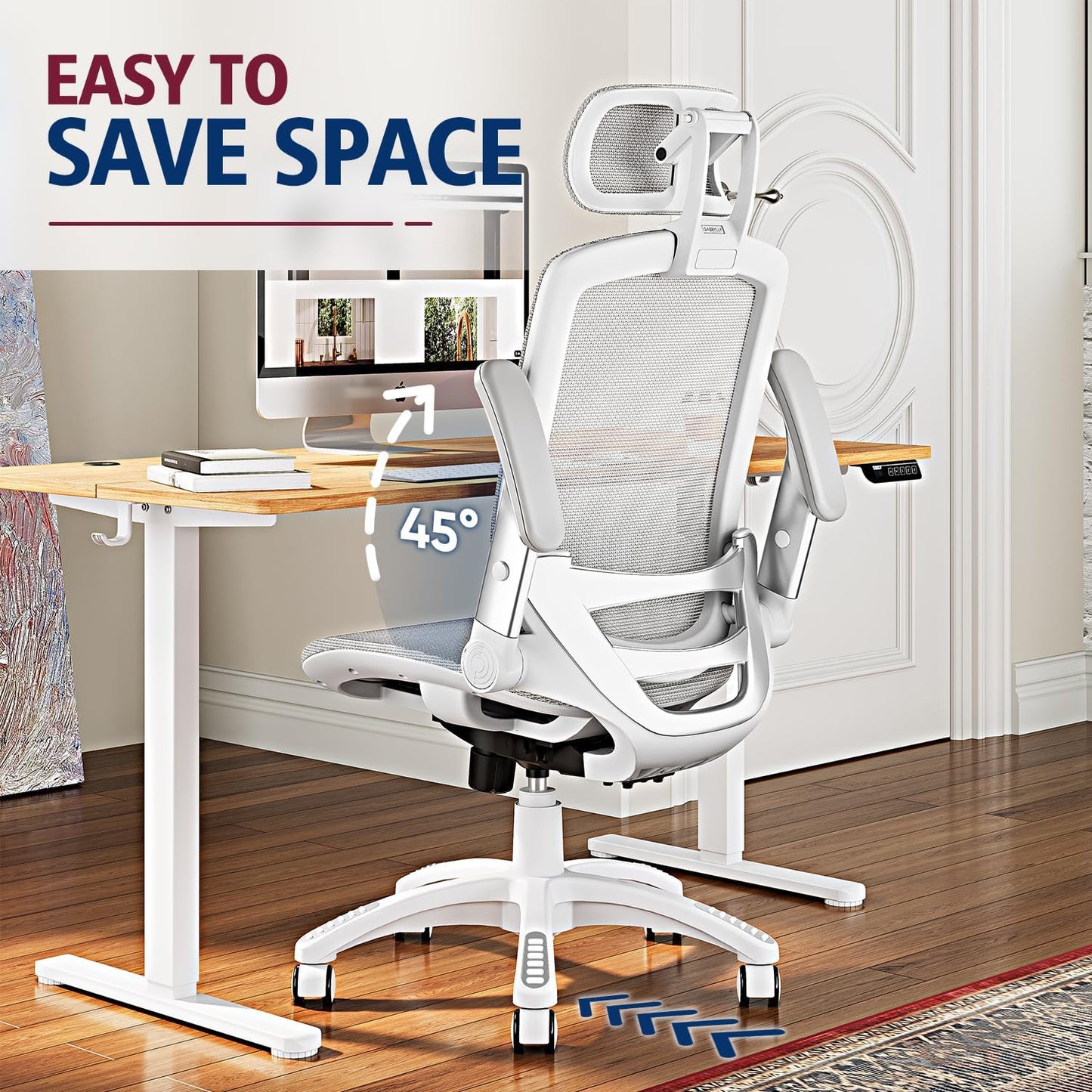 GABRYLLY Ergonomic Office Chair, High Back Home Desk Chair with Headrest, Flip-Up Arms, 90-120° Tilt Lock and Wide Cushion, 400LBS Mesh Chairs for Man Woman, White Task Chair(Grey,GY01WG)