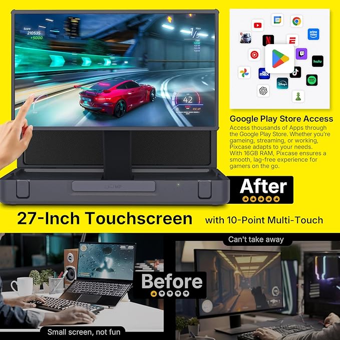MP Mobile Pixels 27" Pixcase Computer Monitor, 1080P Touchscreen with 16GB RAM, Google Play Access, 40W Speakers, Compact Suitcase Design, Gamepad & Remote Included, Windows/Mac/Switch/Consoles