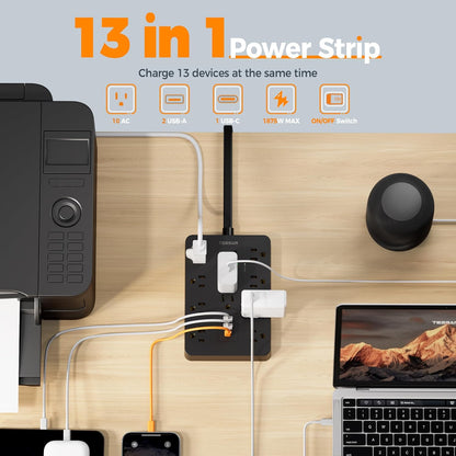 Surge Protector Power Strip Black, TESSAN Flat Plug Extension Cord 10 FT with 10 Widely AC Outlets 3 USB(1 USB C), 1700J Protection Multi Plug Charging Station for Home, Office, College Dorm Room