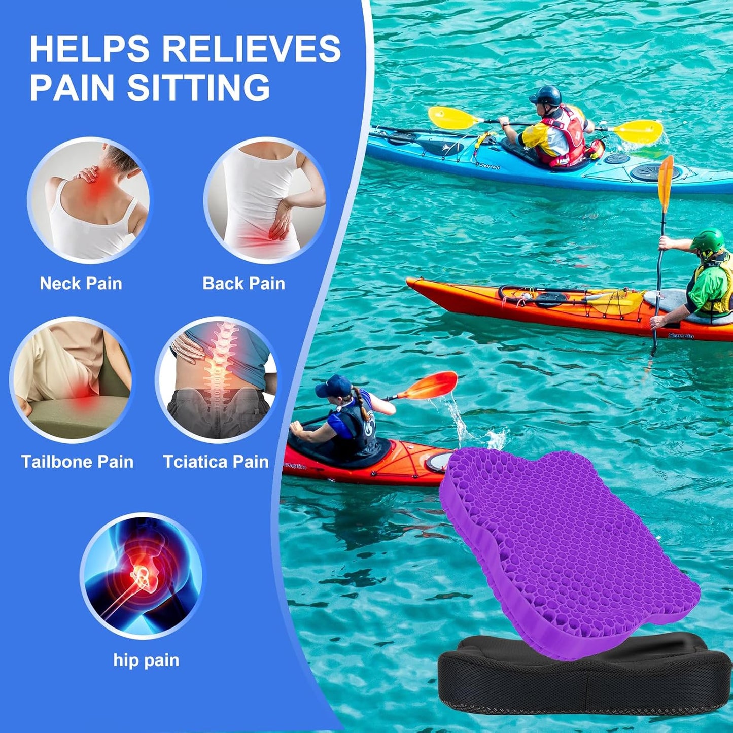 Thicken 19.7in Seat Cushion, Gel Seat Cushion for Long Sitting–Office Chair, Wheelchair, Car Pad, Large Cooling Support Pad for Back Pain, Sciatica, Tailbone Pain Relief