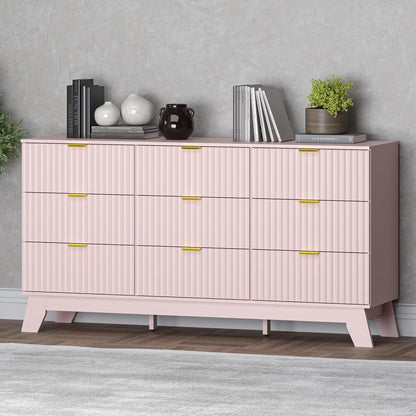 Fluted 9 Drawer Dresser, 57.1" Wide Modern Boho Chest of Drawers, Wooden Storage Dresser TV Stand for Bedroom, Living Room, Closet, Hallway, Curved Profile Design