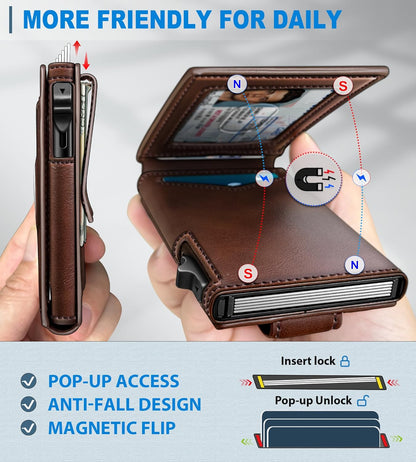 Airtag Wallet for Men,with Money Clip Gift Boxed,Slim Front Pocket Wallet RFID Blocking Metal Case Smart Pop-up Credit Card Holder in Magnetic Leather Flip
