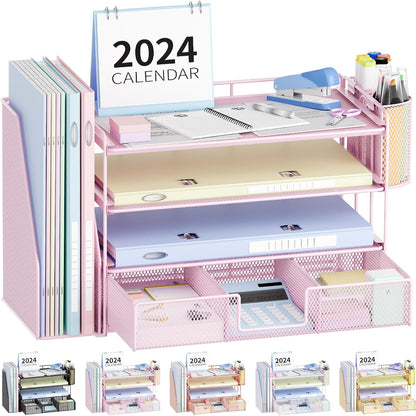 Desk Organizer and Accessories, 4-Tier Desktop File Organizer with Drawer and 2 Pen Holders, Office Desk Accessories for Office Supplies(Pink)