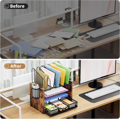 Marbrasse Desk organizer with Drawer, 4-Tier Wooden File Organizer with 5 Vertical File Holders and 2 Pen Holders, Desk Organizers and Accessories for Home Office - Dark Brown