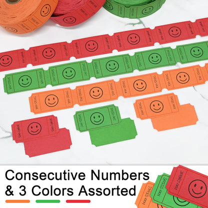 L LIKED 1500 Raffle Ticket Rolls, 3 Assorted Colors, 1x2 Inch Smile Ticket for Events, Entry, Class Reward, Parties, Giveaways&Prizes (Red, Orange, Green)