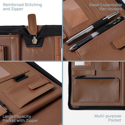 POPRUN Portfolio Binder with Zipper, Leather Padfolio Document Organizer with Storage, Professional Business Briefcase Ideal for Meeting Presentation Work-Includes 50 Sheet Writing Pad, Brown