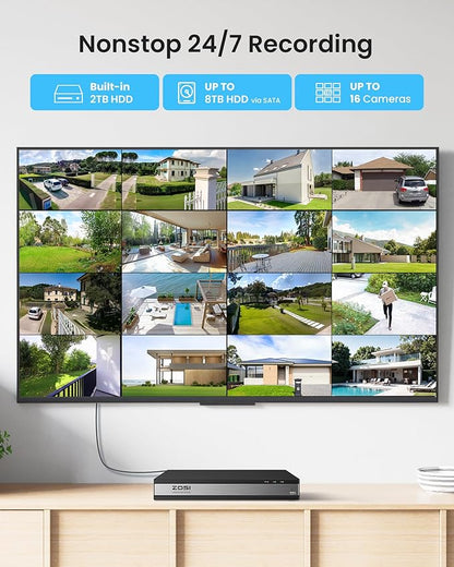 ZOSI H.265+ 1080p 16 Channel Home Security Camera Outdoor Indoor, 16CH CCTV DVR with AI Human Vehicle Detection and 16 x 1080p Surveillance Bullet Camera, 100ft Night Vision, 90° View Angle, 2TB HDD