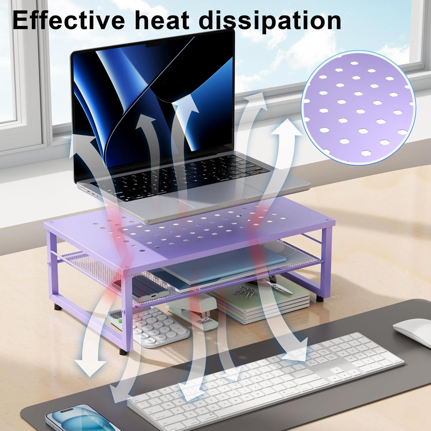 gianotter 2-Tier Metal Monitor Stand Riser, Office Desk Storage Organizer for Computer Monitor, Laptop, Printer, Office Supplies (Purple)