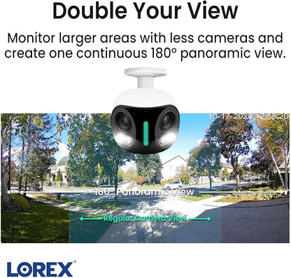 Lorex 4K Dual-Lens Outdoor Wi-Fi Security Camera | 180° Panoramic View | Smart Security Lighting | Color Night Vision | 2-Way Talk | Auto-Framing | 32GB Local Storage, No Monthly Fees | IP66 Rated