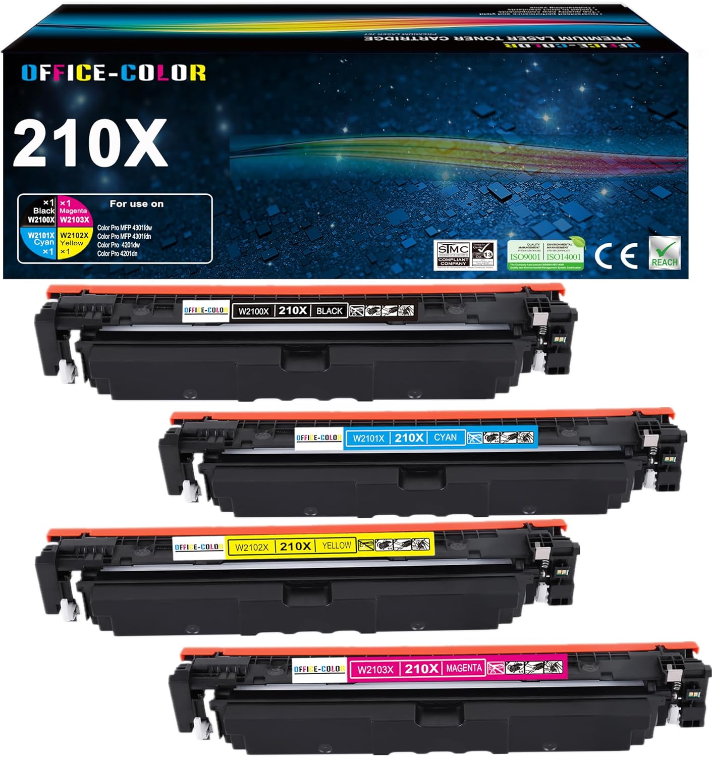 OFFICE-COLOR 210X High-Yield Toner Cartridges 4 Pack Replacement for HP 210X 210A Works with HP Color MFP 4301fdw 4301fdn Pro 4201dw 4201dn Printer Ink (‎Black Cyan Yellow Magenta)