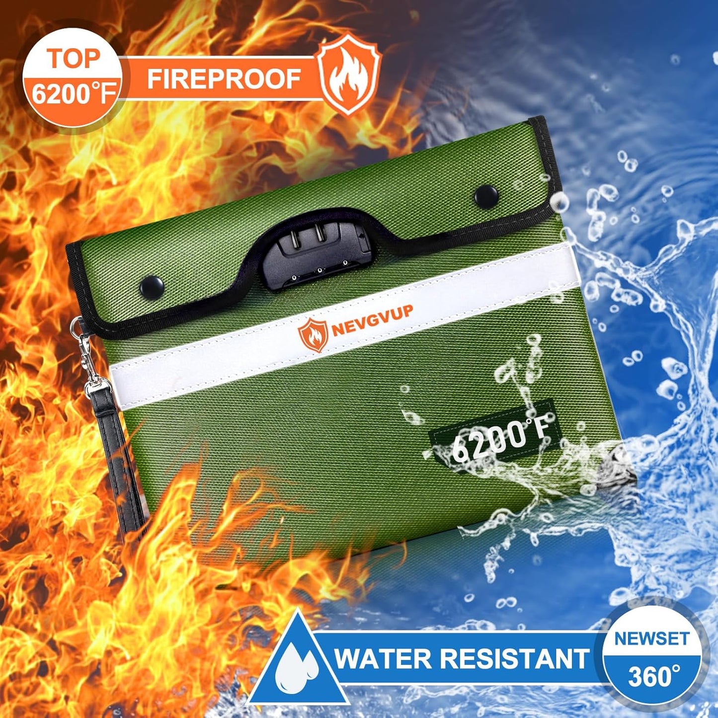 6200°F Fireproof Money Bag with Lock, Upgraded Fireproof Bags w. Zipper/Reflective Strip, 9 Layers of Heat Insulated Materials, Water Resistant Fire proof Money Bag for Cash, Fire Pouch for A5 Files