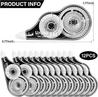 White Correction Tape Dispenser, Fast Clean and Easy to Use Tear-Resistant Tape, For school Supplies, Office (12pack, 5M/196" x 0.2", White)
