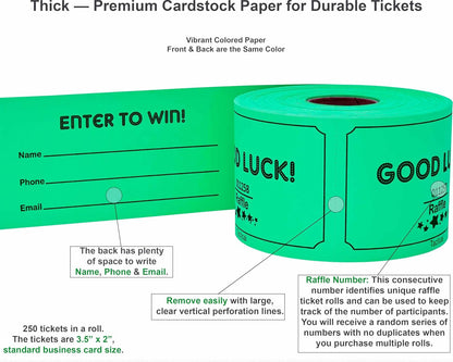 Tacticai 250 Raffle Tickets, Green (1 of 8 Colors), Raffle Cards, Entry Form with Name, Phone & Email for Events, Fundraiser & Prizes