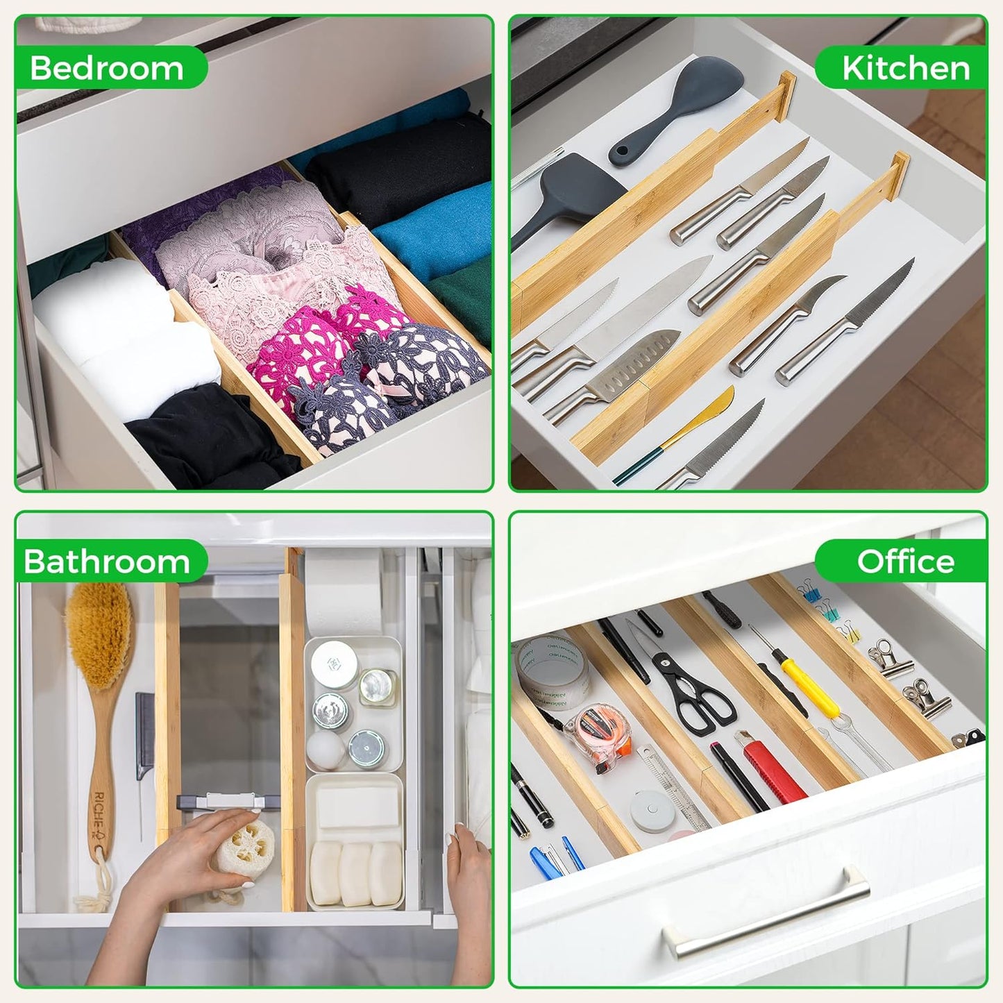 Bamboo Drawer Dividers Organizer with Inserts, Expandable from 12.5-21.7", Adjustable Drawer Organizer Separators for Utensils, Dresser, Bedroom, Bathroom, Closet, Clothing, Office (Beige)