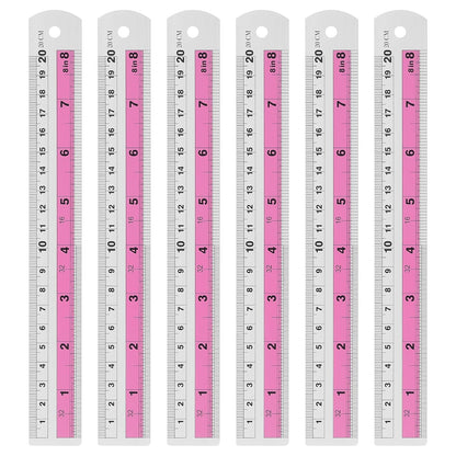 HARFINGTON 6pcs Metal Straight Ruler 20cm Metric SAE Aluminum Alloy Measuring Rulers Scale Tools with Hole for Measure Study Reading Classroom Office, Pink
