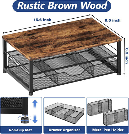 Desk Organizers and Accessories, 2-Tier Computer Monitor Stand Riser with Drawer and 2 Pen Holders, Laptop Stand, Office Desk Accessories for Office Supplies, Brown