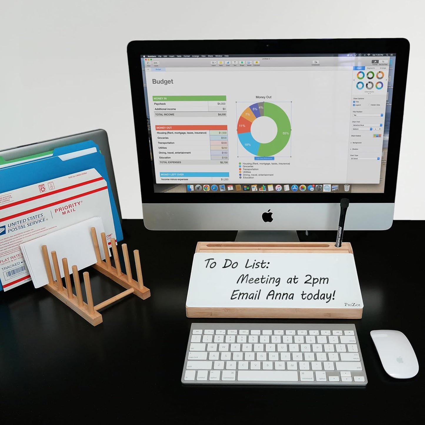 Bamboo Desktop Whiteboard with Storage - This Deskbuddy can be Used as a Desktop Dry Erase Board | Desk Buddy White Board | Bamboo Desk Organizer - PriZoi