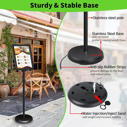 Adjustable Pedestal Sign Holder Stand 8.5''x11'', Floor Standing Poster Sign Stand, Aluminum Frame for Vertical/Horizontal View Sign Stand,Outdoor/Indoor Standing Sign Holders(Black, Round)