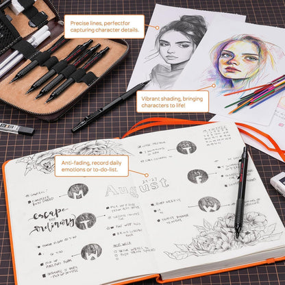 Nicpro 33PCS Black Metal Mechanical Pencil Set in Leather Case, Art Drafting Pencil 0.3, 0.5, 0.7, 0.9 mm, 2mm Lead Holders for Sketching Drawing with 18 Tube (6B 4B 2B HB 2H 4H Colors) Lead Refills