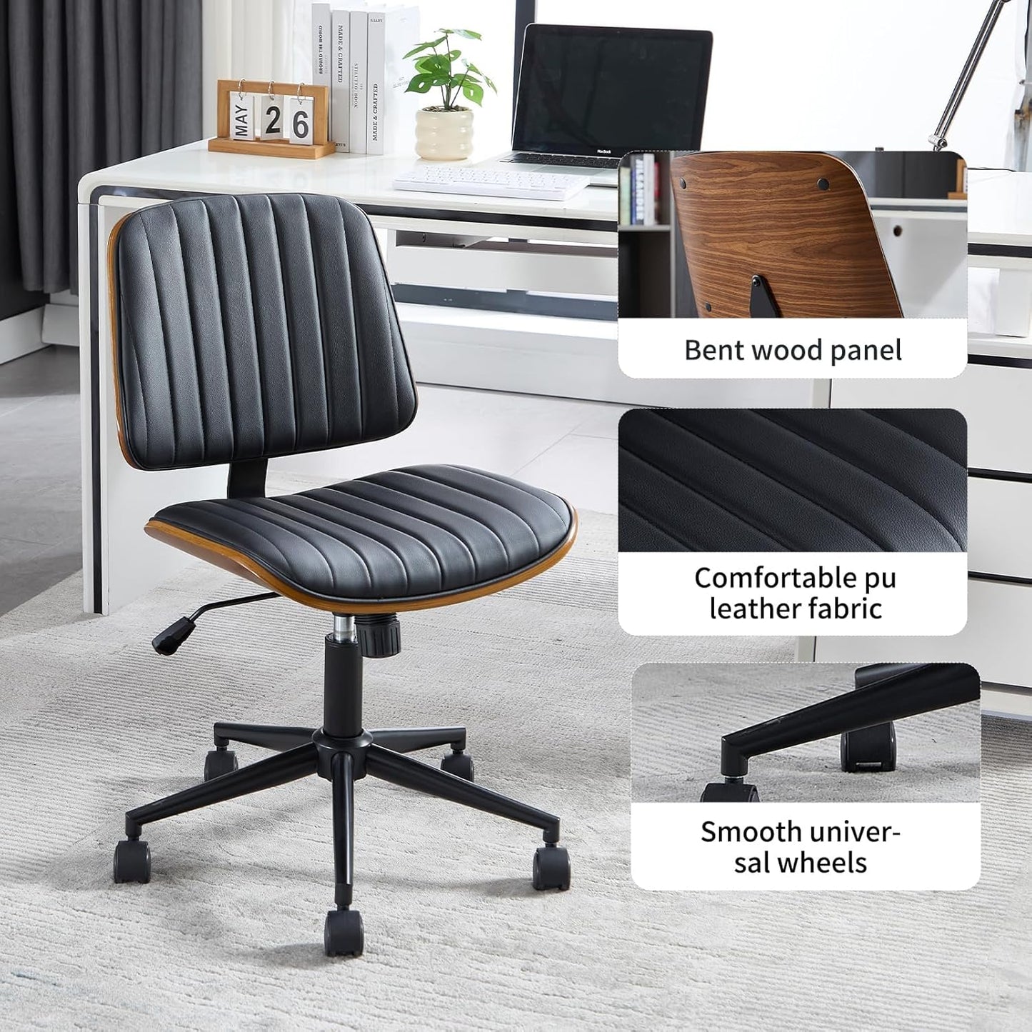 Small Home Office Chair - Armless Mid Back Desk Chair with 360° Swivel and Wheels, PU Upholstered Height Adjustable Modern Walnut Computer Chair for Home, Office Meeting Room - White