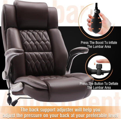 Large High Back Office Chair - Adjustable Lumbar Support Flip Up Arms Heavy Duty Quiet Wheels Metal Base Breathable Bonded Leather Ergonomic Executive Computer Desk Chair with Storage Bags, Brown