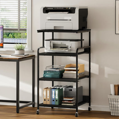 Extra Tall & Large Printer Stand, 24" x 24"x 46'' Height 4 Tier Metal Printer Table for Home Office, Printer Stand with Adjustable Storage Shelf, Rolling Cart for 3D Laser Printer (Black)