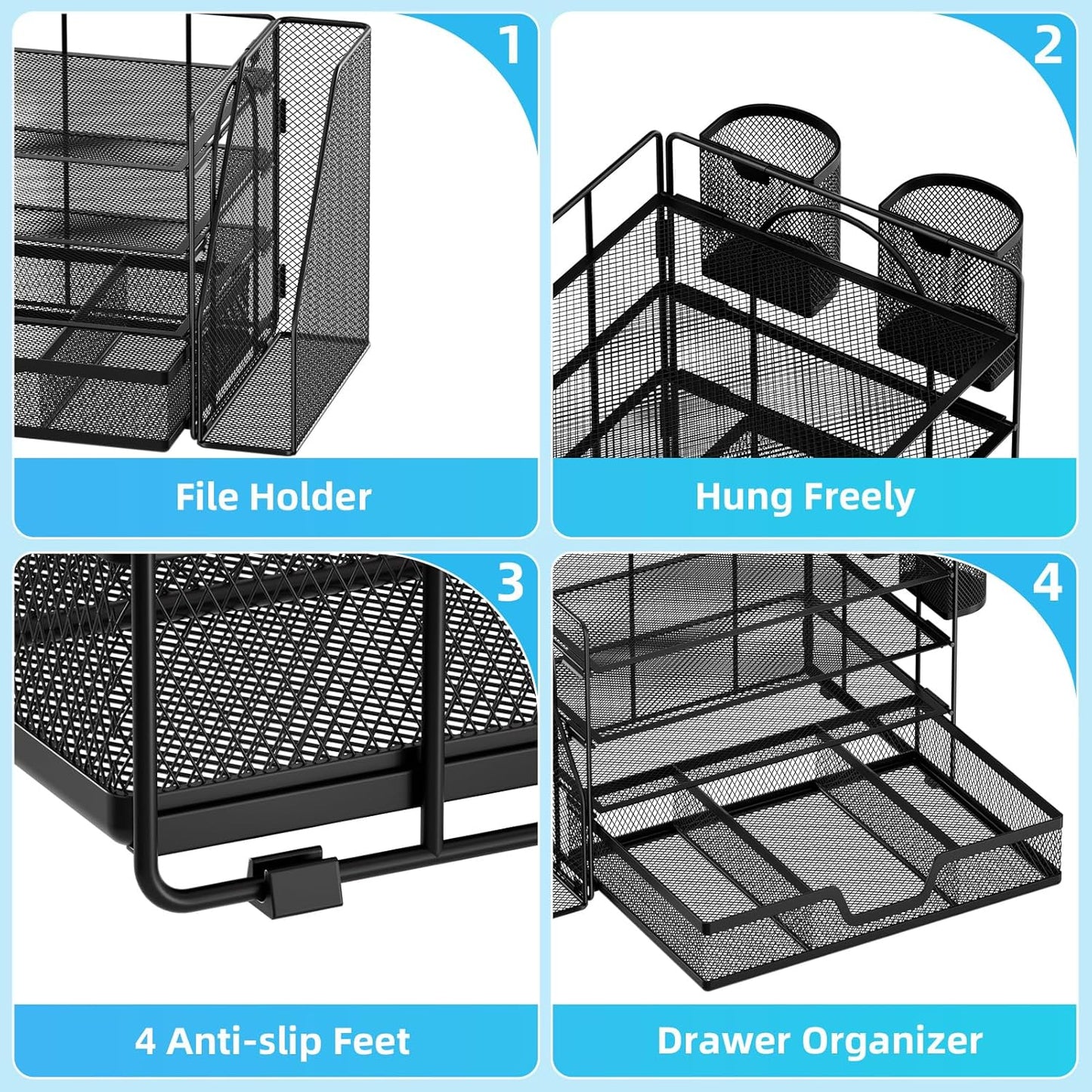 Marbrasse Desk Organizer and Accessories，4-Tier Paper Letter Tray Organizer with File Holder, Desk Accessories & Workspace Organizers with Drawer and 2 Pen Holder (Black, 15.4" x 9.1" x 8.3")
