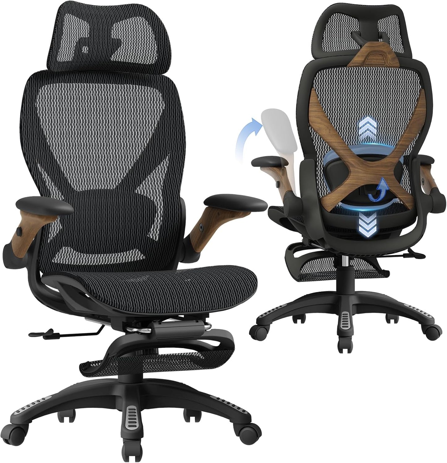 ELABEST X100 Ergonomic Office Chair with Footrest, Big and Tall Home Desk Chair with 5D Flip-Up Arms, Adjustable 5D Lumbar Support,High Back Rolling Computer Chair, Swivel Mesh Chairs (Library Oak)