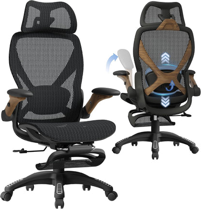 ELABEST X100 Ergonomic Office Chair with Footrest, Big and Tall Home Desk Chair with 5D Flip-Up Arms, Adjustable 5D Lumbar Support,High Back Rolling Computer Chair, Swivel Mesh Chairs (Library Oak)