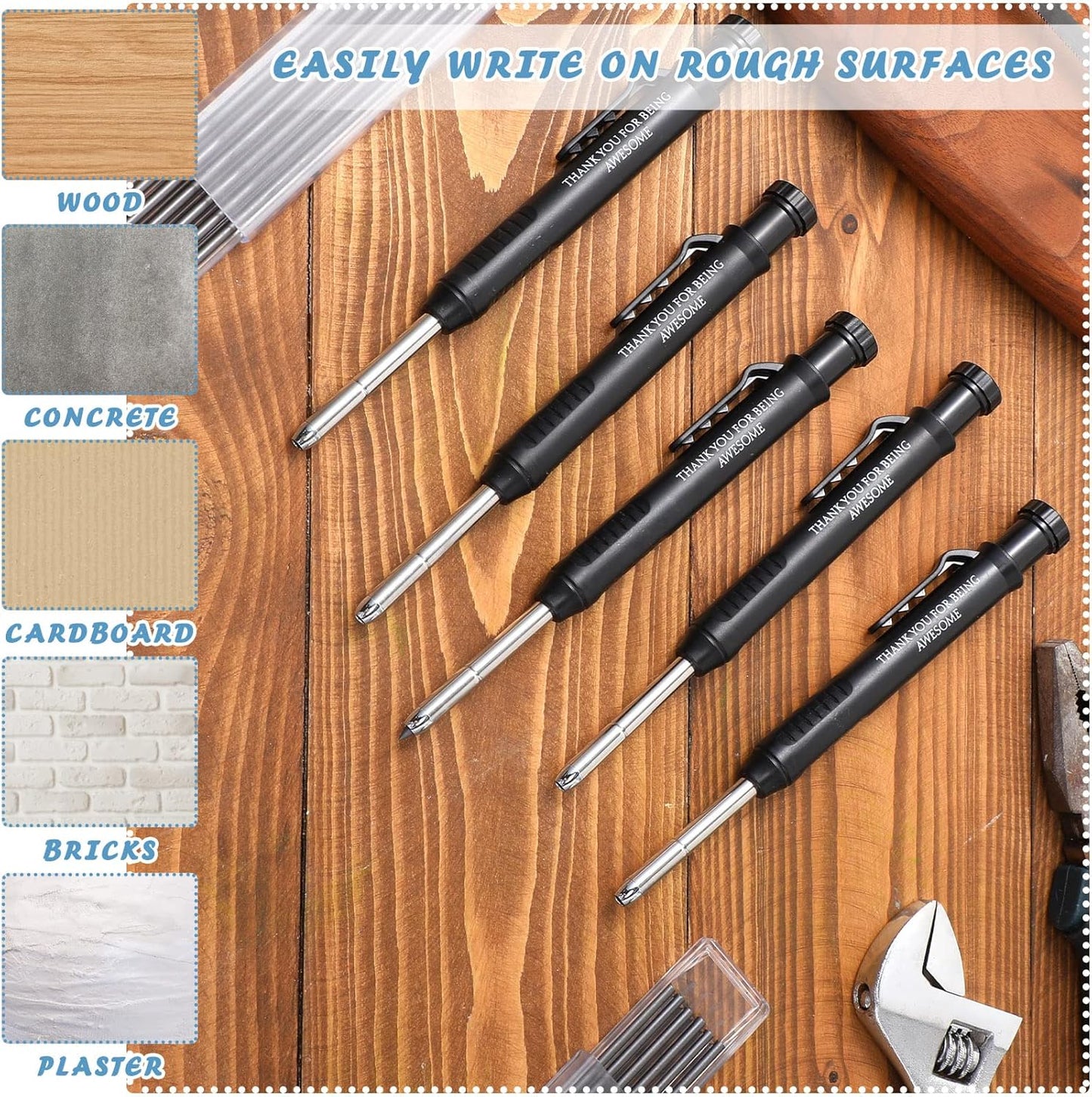 Colarr 10 Pcs Mechanical Carpenter Pencil with 60 Refill Deep Hole Mechanical Pencil Marker with Sharpener Black Solid for Carpentry Architect Birthday Thanksgiving Gift