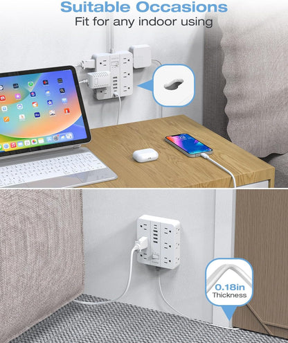 10FT Surge Protector Power Strip,12 AC Outlets with 6 USB Ports (2 USB-C), Flat Plug Extension Cord with Multiple Outlets, Wall Mount for Home Office,Dorm,White