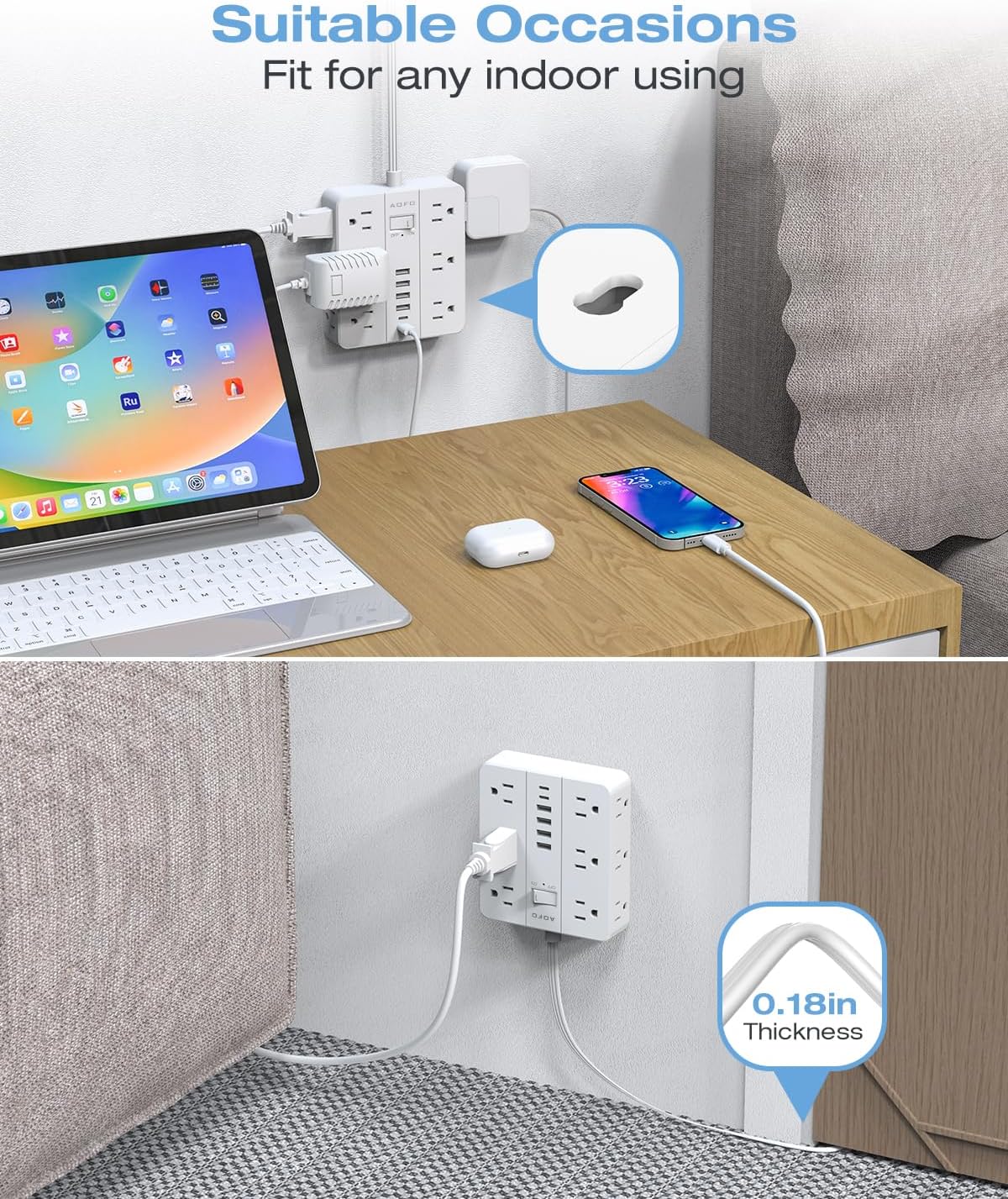 Flat Plug Power Strip, AOFO Surge Protector Flat Extension Cord with 12 AC Outlets and 6 USB(2 USB-C) Ports,Multiple Outlet Wall Plug 5FT Extension Cord for Home Office, Dorm Room Essentials