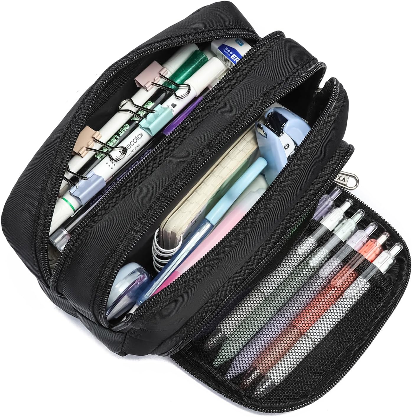 XQXA Pencil Pouch Large Capacity Pencil Case Organizer, Multifunctional Pen bag with 3 Compartmens, Big Pencil Bag for Office Travel Men Women Adult (01-Black)