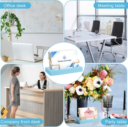 Amyhill 2 Pieces Wood Business Card Holder for Desk Wooden Business Card Display Stand Postcard Holder for Office Home Desktop (Blue Color, Gold)