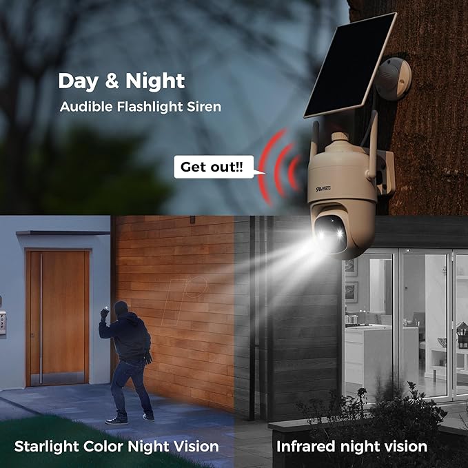 SOVMIKU 4CQ1 AI 2K Solar Security Camera Wireless Outdoor, Battery Powered, Two Way Audio, PIR Motion Detection, 360° View Pan/Tilt,Easy to Setup, Color Night Vision, Audible Flashlight Siren,SD Slot