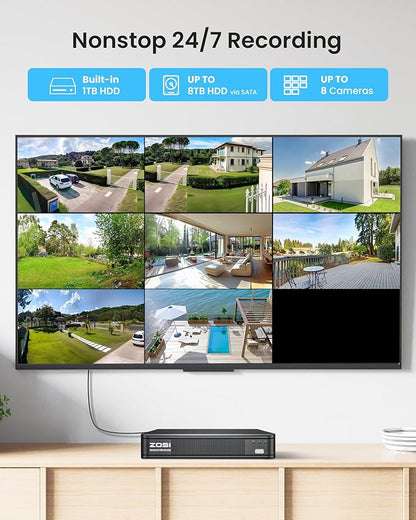 ZOSI 5MP 3K Lite CCTV Security Camera System with AI Human Vehicle Detection, 8CH H.265+ DVR and 4 x 1080p Surveillance Bullet Cameras Outdoor Indoor, 100ft Night Vision, IP66 Weatherproof, 1TB HDD