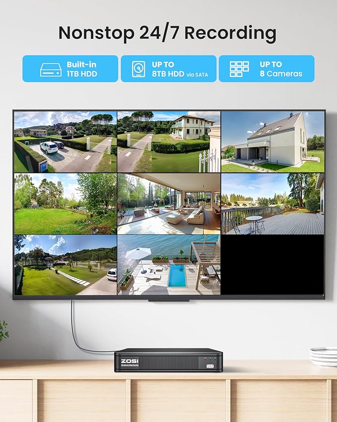 ZOSI 3K Lite Home Surveillance Security Camera System with AI Human Vehicle Detection, 8CH H.265+ CCTV DVR and 8 x 2MP 1920TVL Wired Weatherproof Bullet Cameras Outdoor, 100ft Night Vision (1TB HDD)