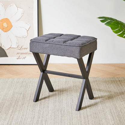 IBUYKE Square Makeup Stool with X-Leg Foot Rest, Linen Footrest, Ottoman Seat, Multi-Use as Small Side Table, for Bedroom, Living Room, Dark Gray LG-70G