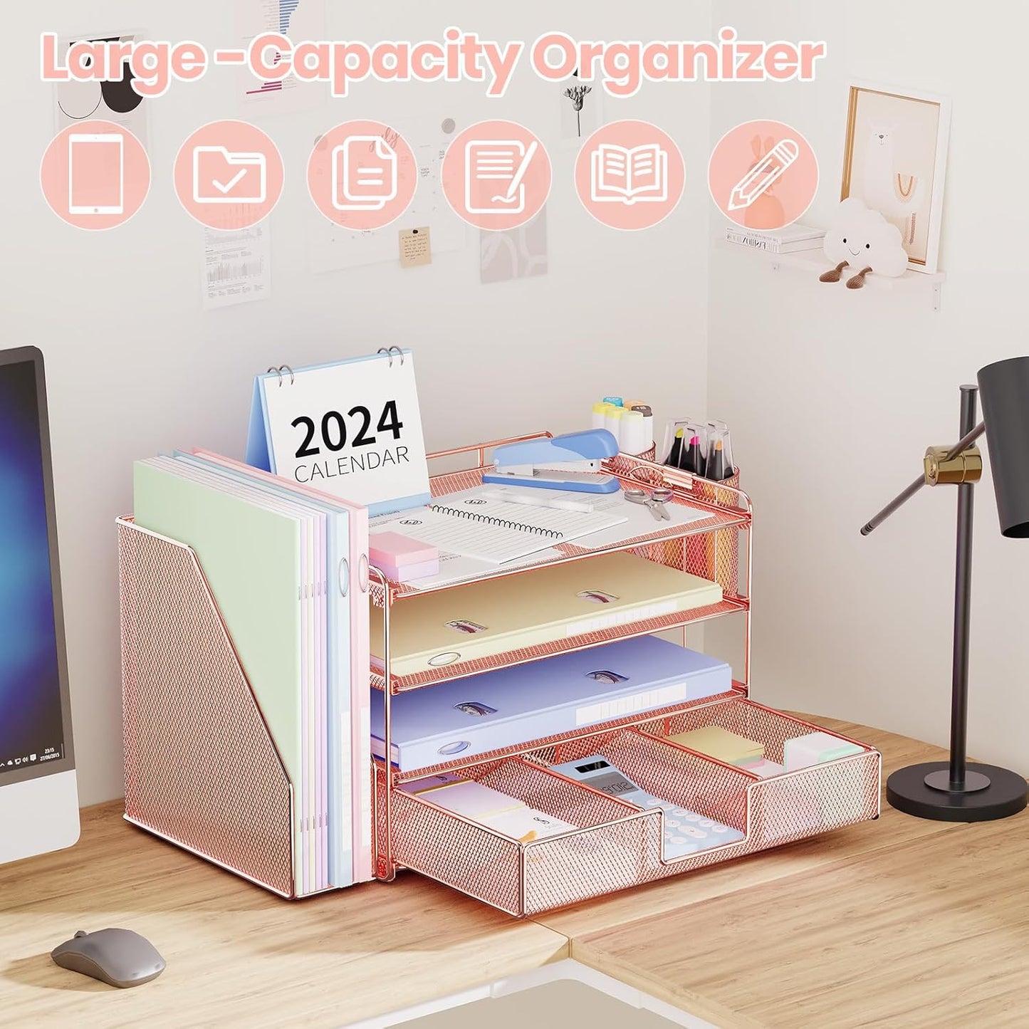 Desk Organizer and Accessories, 4-Tier Desktop File Organizer with Drawer and 2 Pen Holders, Office Desk Accessories for Office Supplies(Rose Gold)