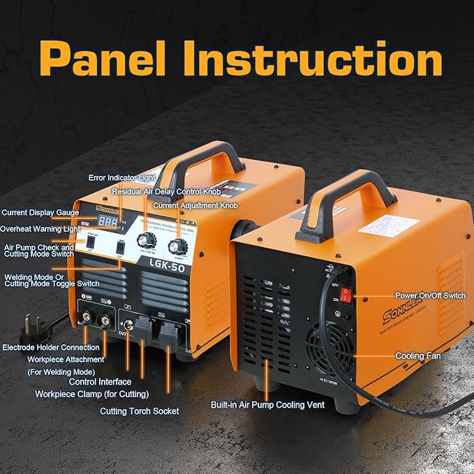 2 in 1 50A Plasma Cutter/MMA, 220V Digital Inverter IGBT Plasma Cutter Machine With Built-in Air Compressor, 1/3 Inch Clean Cut With Gas Delay.