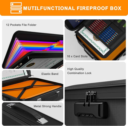 JUNDUN Fireproof Document Box,Hard Case Fireproof Document Organizer with Lock，Home Travel Portable Fireproof Safe Storage Box for Letter Size Documents,files,Papers and Passport,Colourful