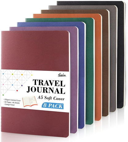 feela 8 Pack Soft Cover Journal Bulk, Notebooks College Ruled for Work, Lined Travel Journal for Students Women, Note Taking Notebook School Supplies Business Writing, 8.2” x 5.5”, A5, Vintage Colors