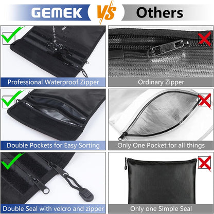 Fireproof Document Bag (2000℉) Upgraded 2 Pockets, GEMEK 15”x 11” Fireproof and Waterproof Money Bag Fireproof Safe Storage for Money, Documents, Jewelry and Passport (Black - 2 Zipper)